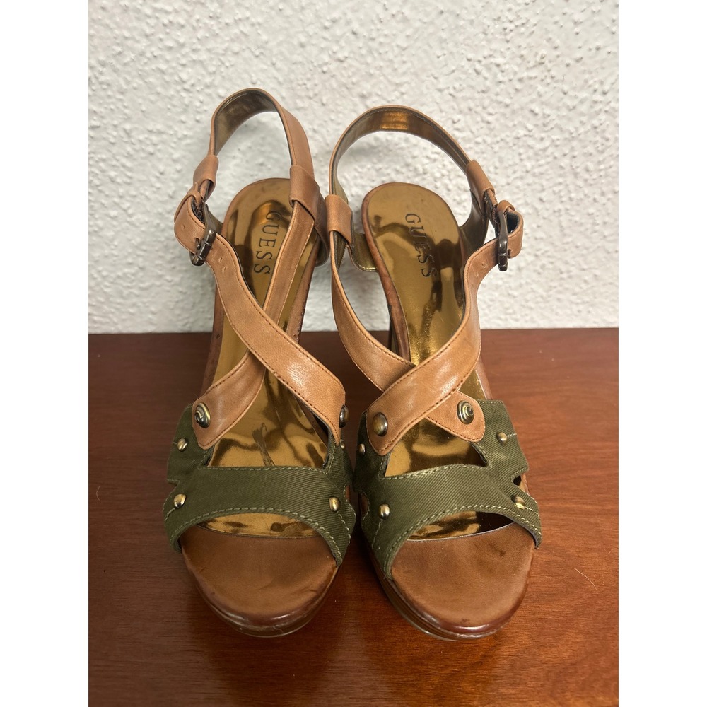 Guess Womens Stiletto Sandals Olive Green Canvas Tan Leather Studded Heels